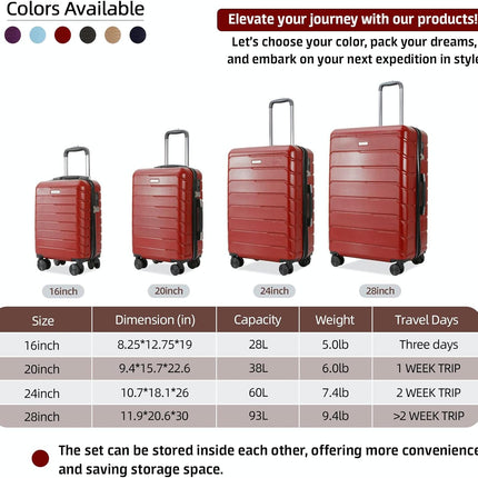 4 Piece Luggage Set ABS+PC Expandable Hardshell TSA Lock Aluminum Trolley Spinner Wheels (Wine Red, 4 Piece Set)