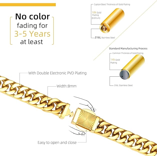 CaptainSteeL Cuban Link Chain for Men- 316L Stainless Steel 8MM Width Fashion Pattern Snap Button Hip Hop Jewelry, Chain for men 18K Gold Plated with Gift Box