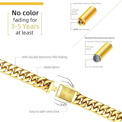 CaptainSteeL Cuban Link Chain for Men- 316L Stainless Steel 8MM Width Fashion Pattern Snap Button Hip Hop Jewelry, Chain for men 18K Gold Plated with Gift Box