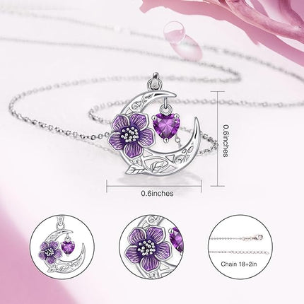 Shysnow Crescent Birth Flower Necklace for Women 925 Sterling Silver Moon Birthstone Pendant Necklace with Heart Zircon 12 Birth Months Floral Jewelry Birthday Gifts for Mother Grandmother