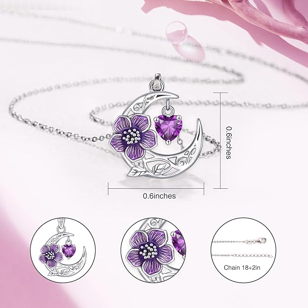 Shysnow Crescent Birth Flower Necklace for Women 925 Sterling Silver Moon Birthstone Pendant Necklace with Heart Zircon 12 Birth Months Floral Jewelry Birthday Gifts for Mother Grandmother