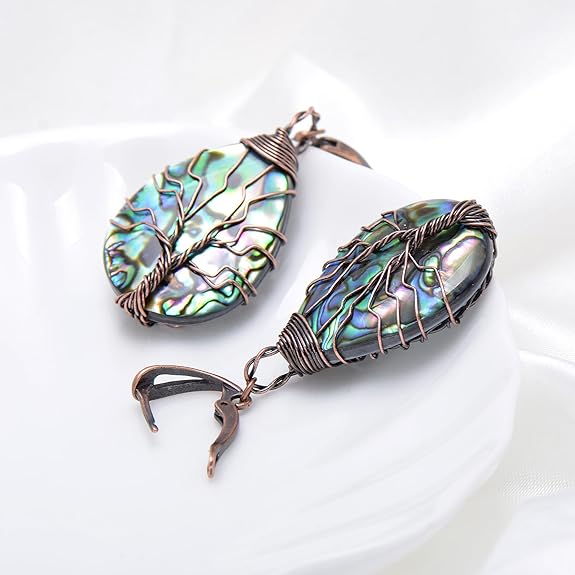 Bronze Copper Wired Sea Abalone Shell Tree of Life Earrings for Women, Vintage Latch Backs