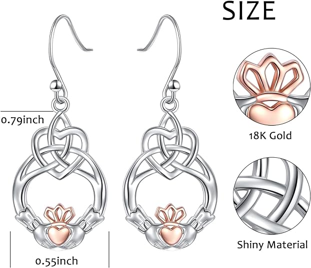 925 Sterling Silver Dangle Earrings for Women Celtic Knot Drop Claddagh/Clover/Lotus/Filigree Earrings Rose Gold Claddagh Hoop Earrings Friendship Jewelry Gift for Women