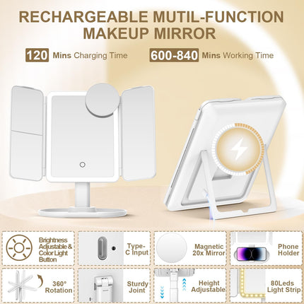 Makeup Mirror with Lights, 20X/7X/3X Magnifying Mirror with Light