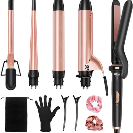 Ufree 5 in 1 Curling Iron with Interchangeable Ceramic Barrels (0.35"-1.25"), Curling Wand Set with Flat Iron Hair Straightener, Instant Heat Up, Dual Voltage Hair Curler, Gifts for Women