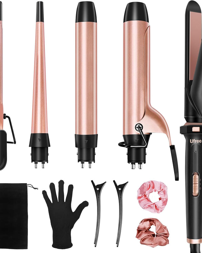 Ufree 5 in 1 Curling Iron with Interchangeable Ceramic Barrels (0.35"-1.25"), Curling Wand Set with Flat Iron Hair Straightener, Instant Heat Up, Dual Voltage Hair Curler, Gifts for Women