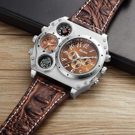 Avaner Mens Big Face Watch, Dual Time Zone Leather Strap Sport Watch, Analog Quartz Wrist Watch with Decorative Compass Thermometer Dial
