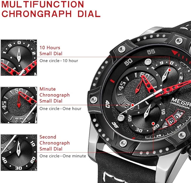 MEGIR Men's Analog Business Quartz Chronograph Watch with Fashion Big Face Leather Strap for Sports 2130