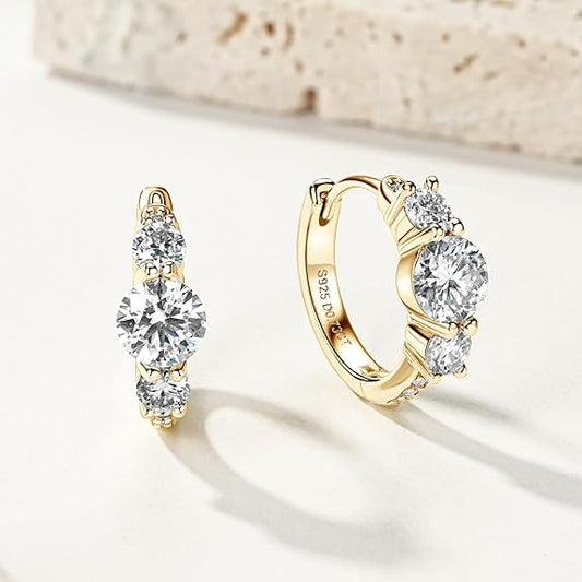 3 Stone/Solitaire Moissanite Hoop Earrings, 925 Sterling Silver Hypoallergenic Huggie Earrings for Women, D Color VVS1 Lab Created Imitation Diamond Round Cut Jewelry Gifts