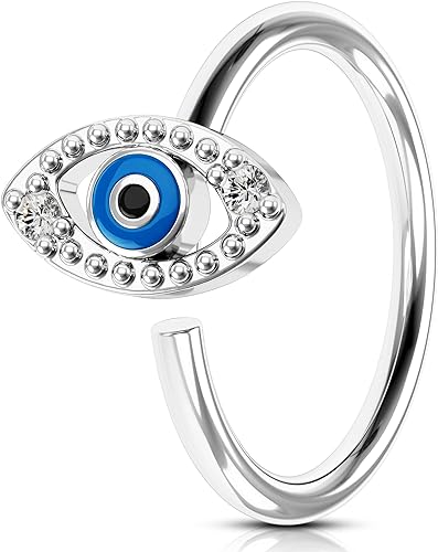 OUFER 20G Nose Ring Hoop，316L Stainless Steel Blue Evil Eye Cartilage Earrings，Nose Piercing