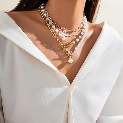 Gold Layered Chunky Necklace for Women Paperclip Chain Pearl Necklace Herringbone Necklace Gold Chunky Necklaces