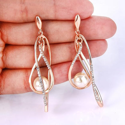 EVER FAITH Women's Austrian Crystal Simulated Pearl Twist Chandelier Teardrop Dangle Earrings Clear