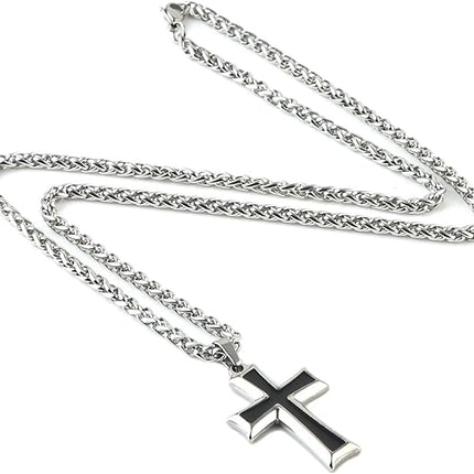 HZMAN Men's Stainless Steel Cross Pendant Necklace with Wheat Chain