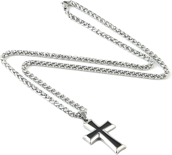 HZMAN Men's Stainless Steel Cross Pendant Necklace with Wheat Chain