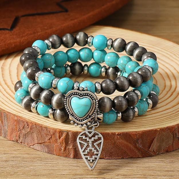 Turquoise Western Cowgirl Bracelets for Women Handmade Stackable Turquoise Beaded Stretch Bracelet Vintage Rodeo Western Jewelry Set Country Cowboy Outfit Accessories