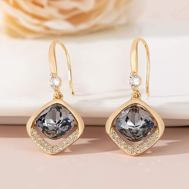 Austrian Crystal Halo Cushion Cut Square Drop Dangle Earrings for Women 14K Gold Plated Hypoallergenic Jewelry Gifts