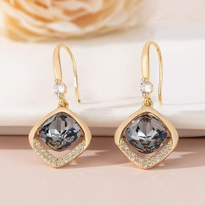 Austrian Crystal Halo Cushion Cut Square Drop Dangle Earrings for Women 14K Gold Plated Hypoallergenic Jewelry Gifts