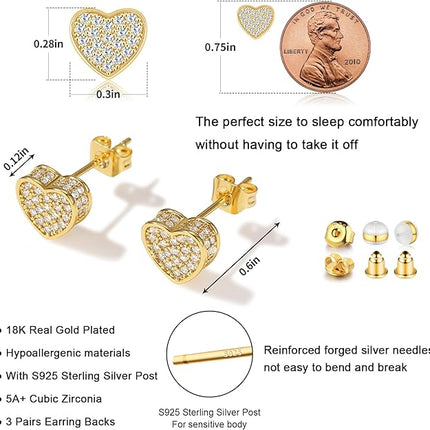 18K Gold Heart Earrings Studs, Cute Heart Shaped Earrings for Women Gold Plated Small Heart Earrings Stud with Cubic Zirconia S925 Hypoallergenic Stud Earrings for Women Jewelry Gift