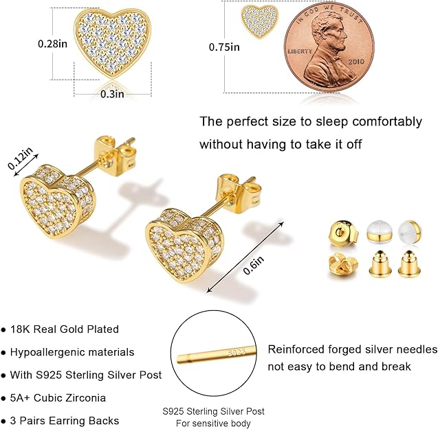 18K Gold Heart Earrings Studs, Cute Heart Shaped Earrings for Women Gold Plated Small Heart Earrings Stud with Cubic Zirconia S925 Hypoallergenic Stud Earrings for Women Jewelry Gift