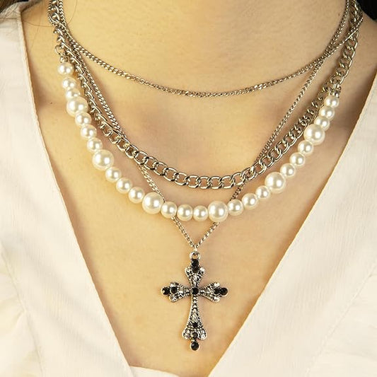 Silver Cross Necklace Layered Necklaces for Women, Silver Cross Pendant Choker Necklaces Fashion Jewelry Mother's Day Gifts Birthday Gift for Women, MOM, Daughter, Wife, Sister