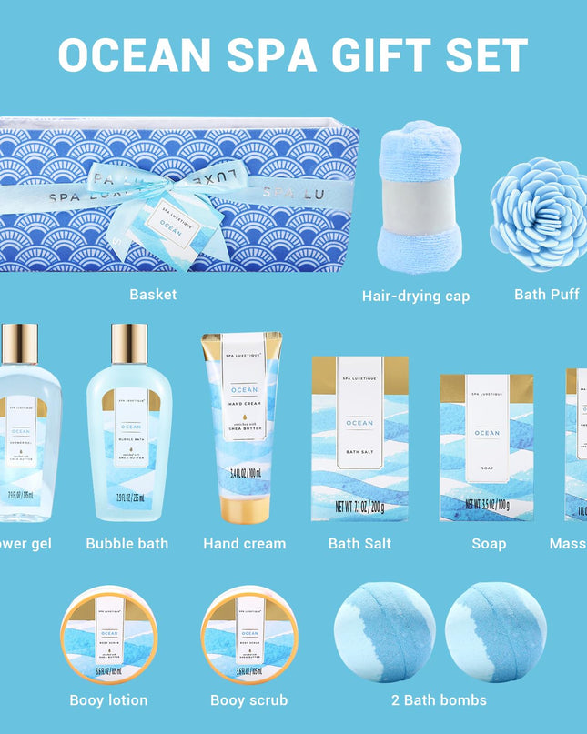Spa Gift Basket for Women, Spa Luxetique Bath Gift Set - 12 Pcs Ocean Scented Home Bath Kit, Includes Bath Bombs, Body Scrub, Bubble Bath, Body Lotion & More, Spa Set for Women Gift