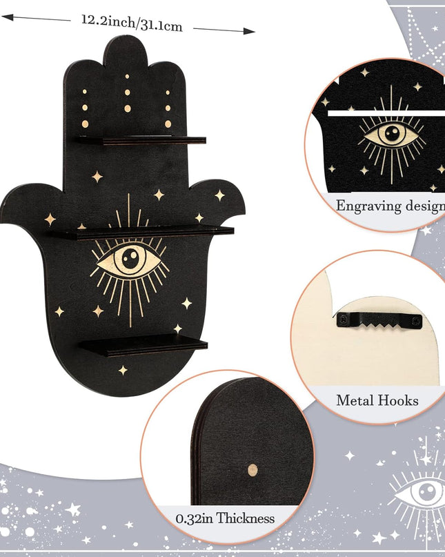 Crystal Shelf Display Rustic Wooden Cat Moon Shelves Moth Hamsa Hand Wolf Crystal Holder Shelves Wooden Floating Shelf for Rock Gemstones Meditation Spiritual Gift for Home Bedroom (Hamsa Hand)