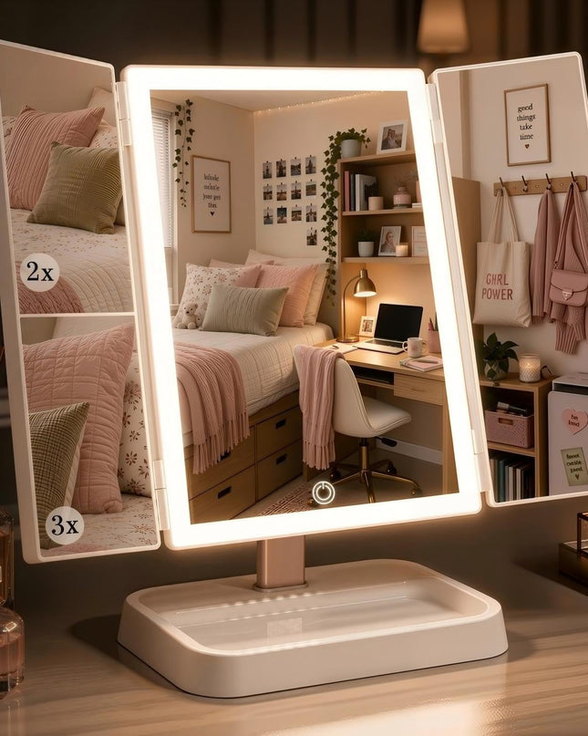 Makeup Mirror with Lights, Rechargeable Trifold 1X/2X/3X Magnification