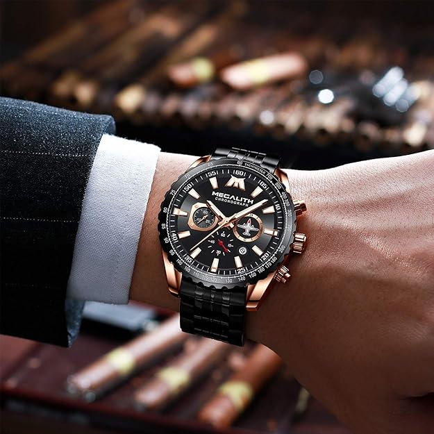 MEGALITH Mens Watches Stainless Steel Waterproof Analog Quartz Fashion Business Casual Chronograph Watch for Men, Auto Date