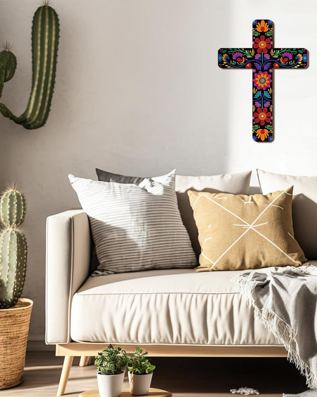 Floral Cross Wall Decor Hand Painted Decorative Inspirational Wooden Cross Spanish Style Wall Cross Mexican Art Wall Decor Mexican Crucifix for Home Room Church Decoration (Retro Style)