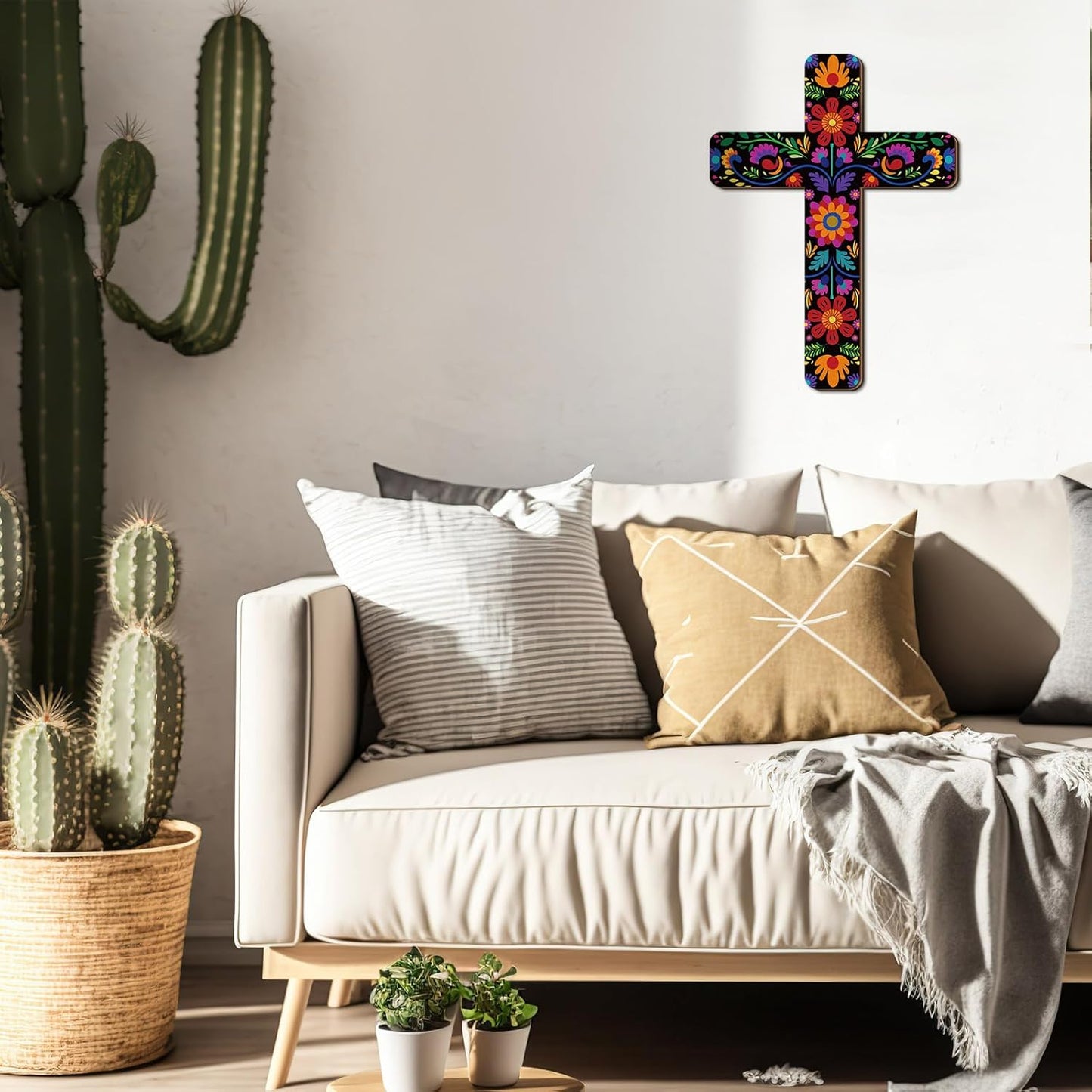 Floral Cross Wall Decor Hand Painted Decorative Inspirational Wooden Cross Spanish Style Wall Cross Mexican Art Wall Decor Mexican Crucifix for Home Room Church Decoration (Retro Style)