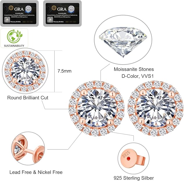 KRKC Moissanite Stud Earrings for Women, 1ct Lab Created Diamond Earring with 14K White Gold Plated S925 Sterling Silver Gift for Girlfriend, Wife