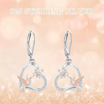 Hummingbird Earrings 925 Sterling Silver Heart Flower Hummingbird Earrings