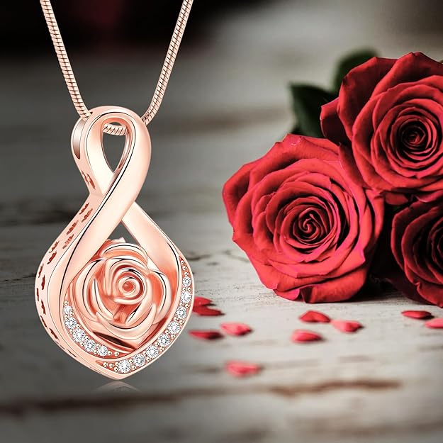 Roseflower Cremation Jewelry for Ashes Infinity Urn Necklace for Ashes Memorial Keepsakes Jewelry for Women Girl Pets Loved One Memorial Jewelry