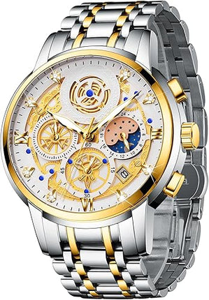 Moon Phase Watch for Men Multifunction Chronograph Dial Analog Quartz Wristwatch Luxury Diamond Business Dress Watch with Luminous Waterproof Calendar Stainless Steel Strap