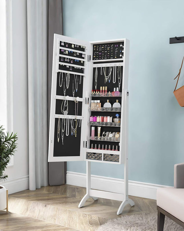 YITAHOME 2 in 1 Jewelry Cabinet with Full Length Mirror, Standing Large Capacity Jewelry Armoire Organizer with 2 Drawers, 3 Angle Adjustable, White
