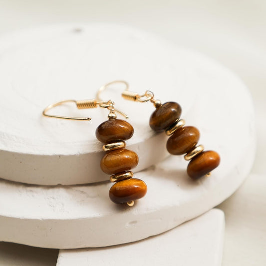 Gempires Natural Tiger Eye 8 mm Roundelle Beads Earring, Crystal Healing Beads, Dangle Drop Earring For Women