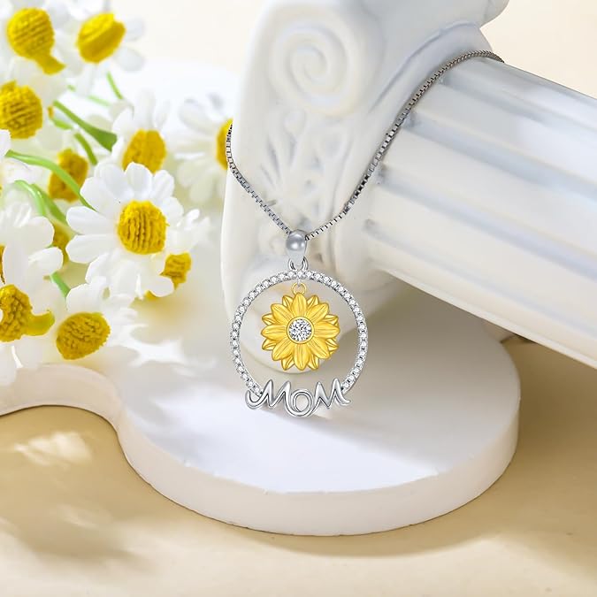 LONAGO Sunflower Mom Necklace for Women Silver Mom Pendant Necklace for Mother Grandmother Mother Day Gift