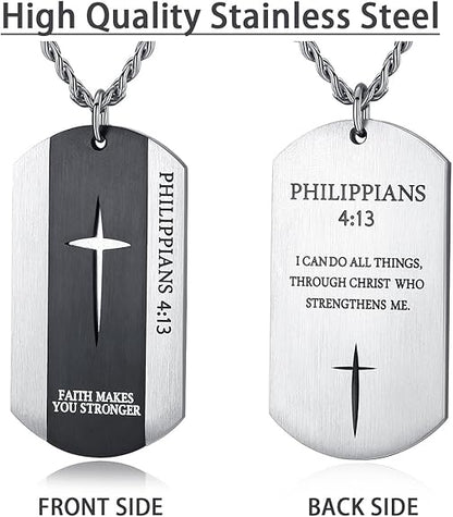 REVEMCN Black Silver Stainless Steel Bible Verse Cross Dog Tag Pendant Necklace for Men, 24-28 Inches Chain