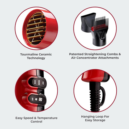 KISS 1875 Watt Pro Tourmaline Ceramic Hair Dryer, Styling Edition, 3 Heat Settings, 2 Speed Settings, Cool Shot Button, 7 Blow Dryer Accessories Included, 2-Year Warranty - Red