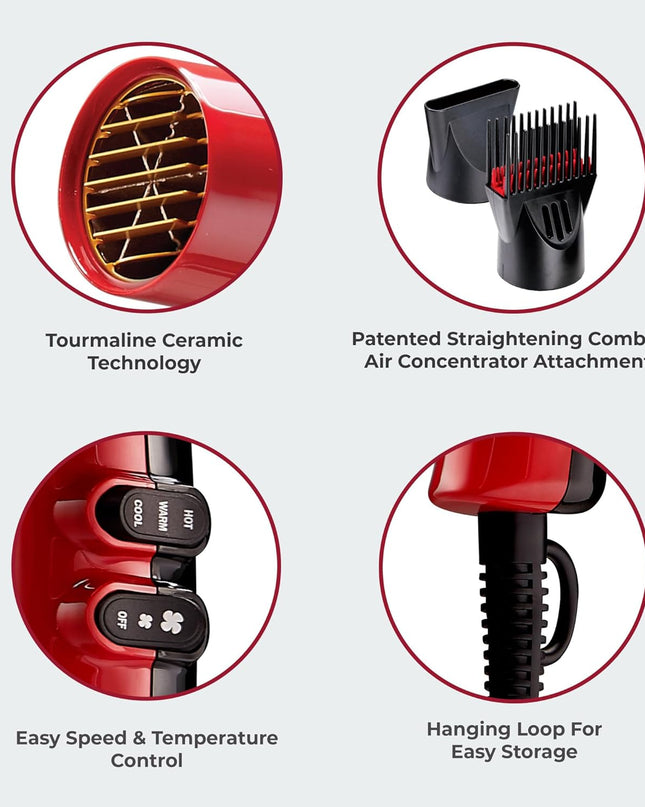 KISS 1875 Watt Pro Tourmaline Ceramic Hair Dryer, Styling Edition, 3 Heat Settings, 2 Speed Settings, Cool Shot Button, 7 Blow Dryer Accessories Included, 2-Year Warranty - Red