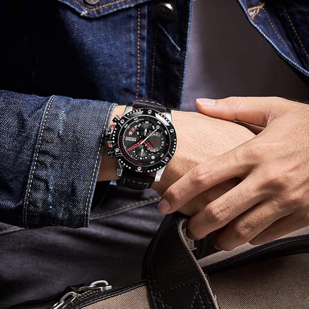 MEGIR Men's Analog Business Quartz Chronograph Watch with Fashion Big Face Leather Strap for Sports 2130