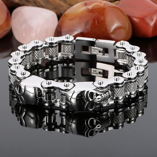 Gothic Stainless Steel Skull Charm Bicycle Motorcycle Chain Bracelet for Men,Punk Fashion Vintage Bracelet