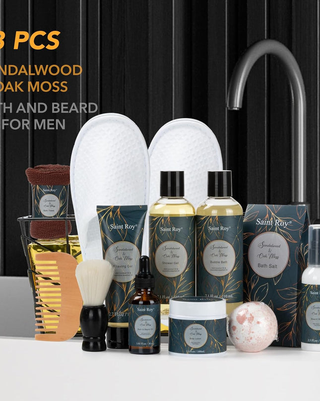 Spa Gift Basket for Men, Body Wash Men, 13pcs Sandalwood & Oak Moss Bath and Beard Kit for Men with Shower Gel, Body Lotion, Bubble Bath, Beard Brush, Bread Comb Spa Kits for Man dad Fathers Day