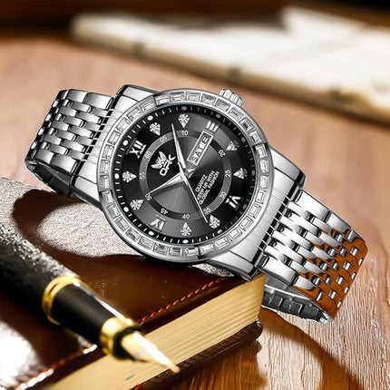 OPK Mens Watch Simple Fashion Diamonds Stainless Steel Analog Men Wrist Watch Diamond Large Dial Waterproof Date Casual Watch for Man