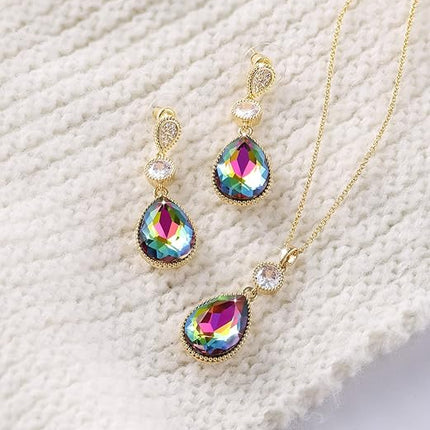 18 * 13MM Big Teardrop Crystal Pendant Dangle Necklaces and Earrings Jewelry Sets for Women Glod Plated