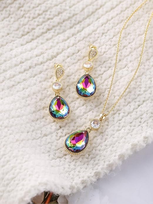 18 * 13MM Big Teardrop Crystal Pendant Dangle Necklaces and Earrings Jewelry Sets for Women Glod Plated