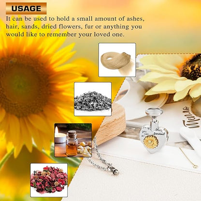 abooxiu Sunflower Urn Necklace for Ashes Heart Memorial Cremation Jewelry for Ashes Stainless Steel Ashes Necklace Keepsake Urn Pendant - you are my sunshine