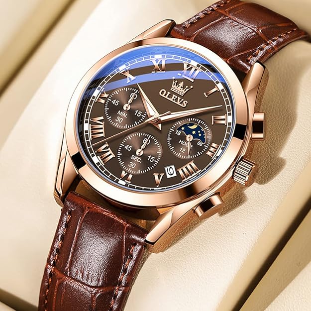OLEVS Watches for Men Brown Leather Gold Case Analog Quartz Fashion Business Dress Watch Day Date Luminous Waterproof Casual Male Wrist Watches