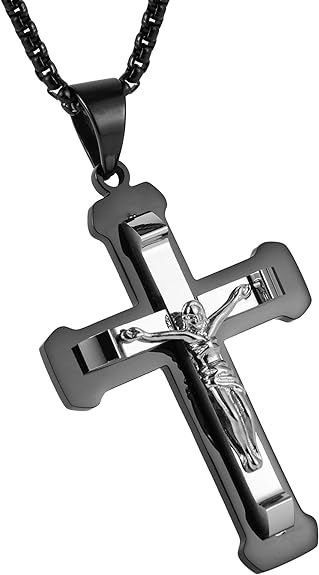 HZMAN Men's Jesus Stainless Steel Pendant Necklace Silver Gold Black Multicolor Cross, 22 + 2 Inch Chain