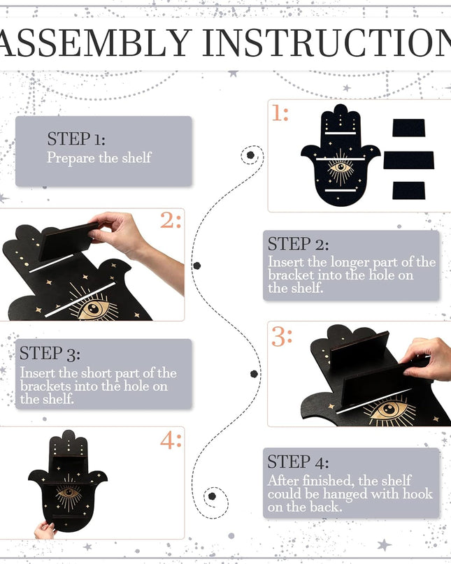 Crystal Shelf Display Rustic Wooden Cat Moon Shelves Moth Hamsa Hand Wolf Crystal Holder Shelves Wooden Floating Shelf for Rock Gemstones Meditation Spiritual Gift for Home Bedroom (Hamsa Hand)